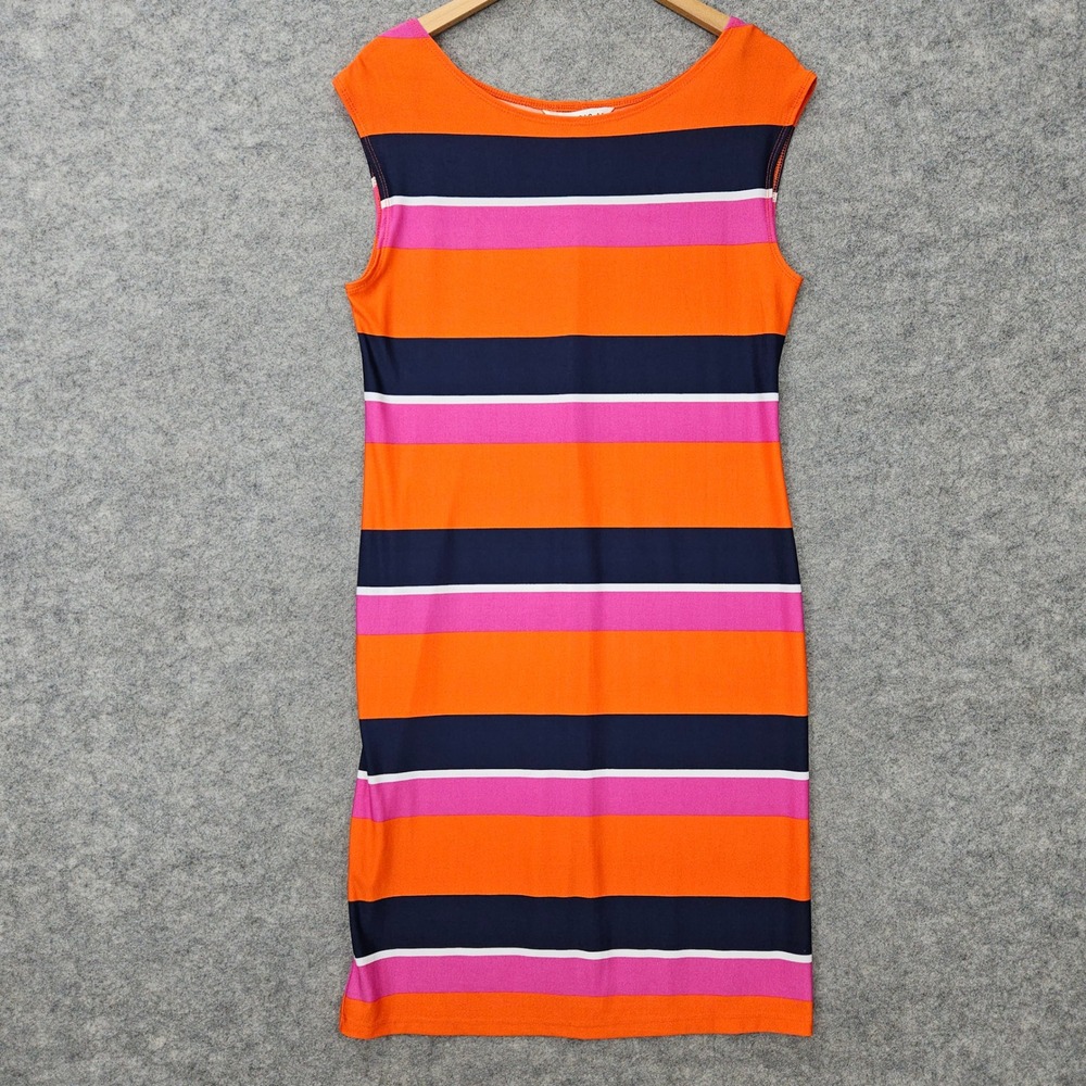 AA Studio Sheath Dress Womens 10 Orange Pink Navy Striped Sleeveless Mod Stretch